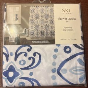 New shower curtain white background with blue